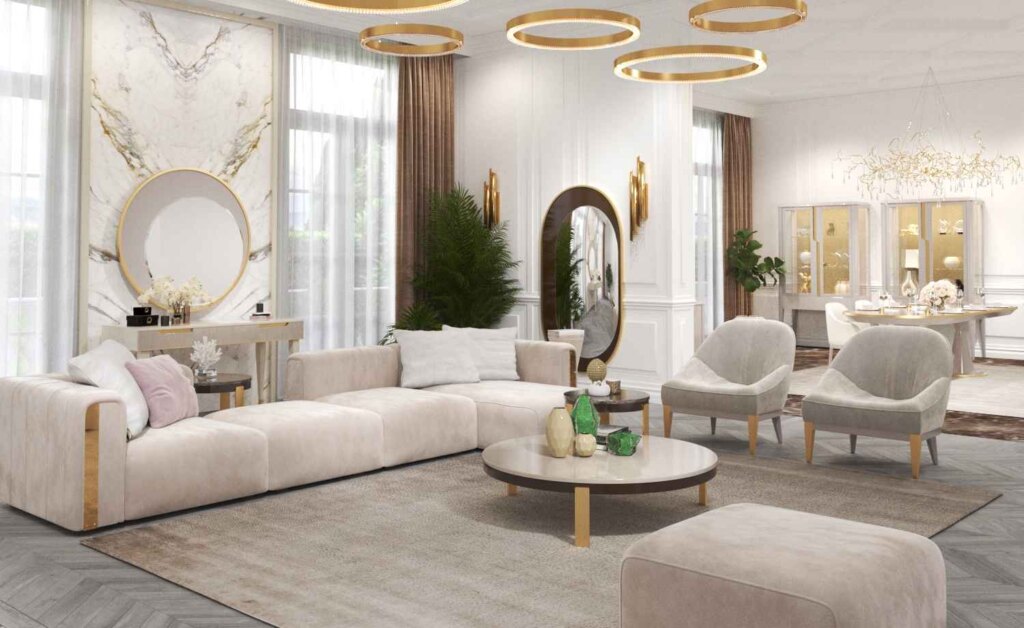 Zona living in casa di montagna con divano modulare e tavolo in legno