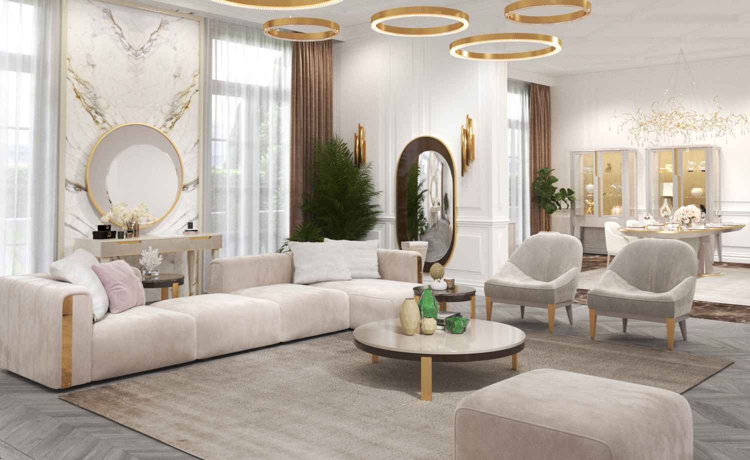 Zona living in casa di montagna con divano modulare e tavolo in legno