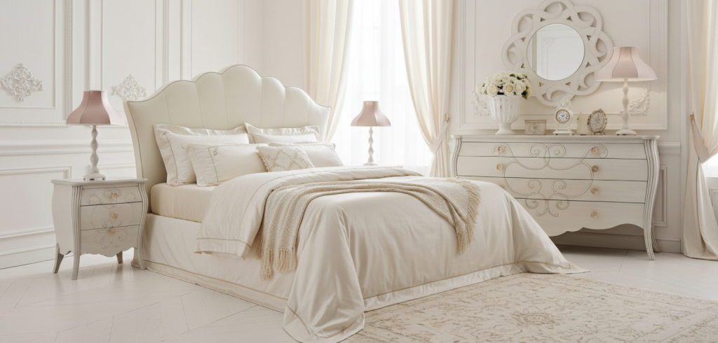 Camera da letto classica di design Sogno, finiture chiare e stile elegante